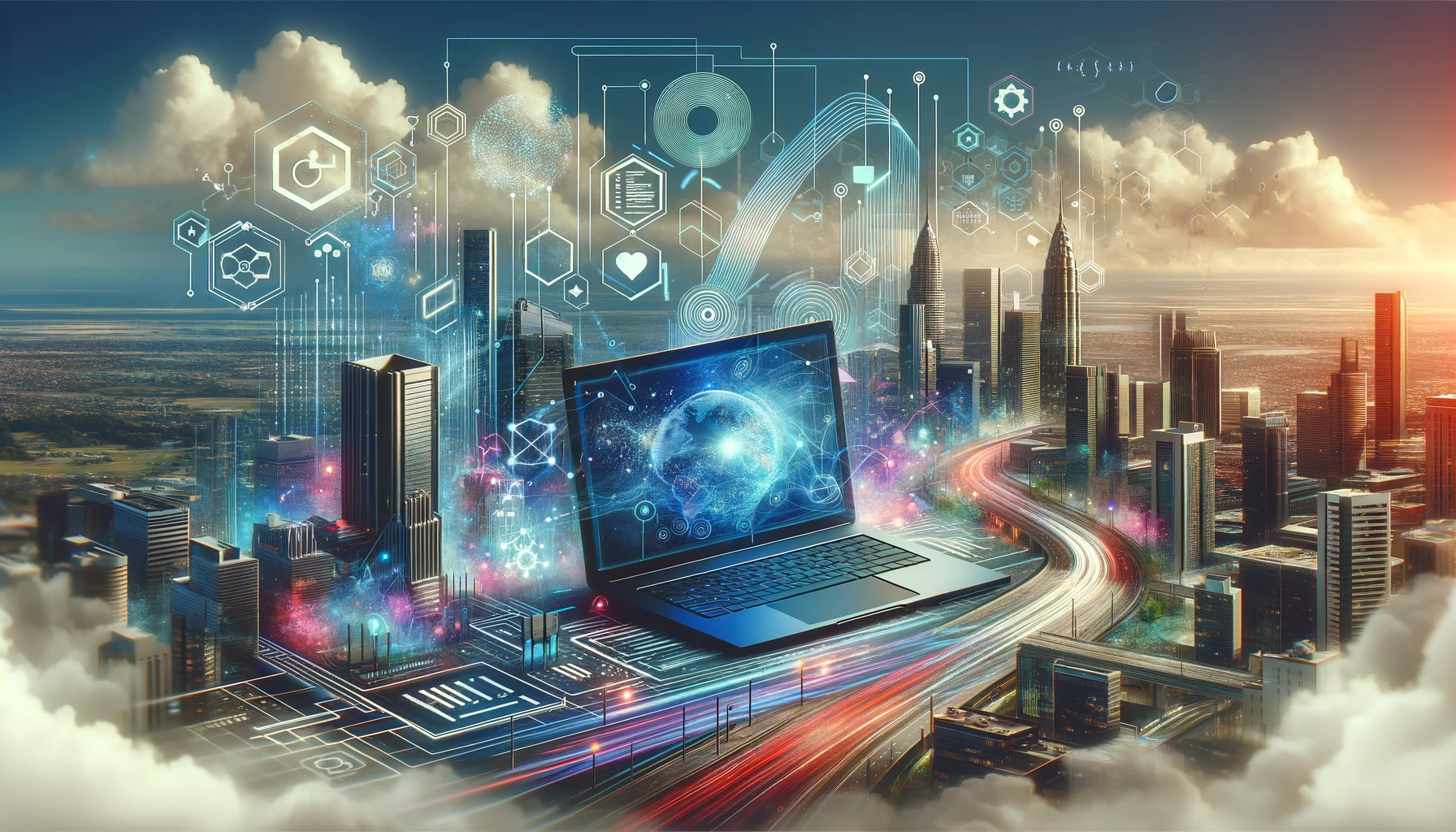 laptop floating over busy city with hovering digital icons above