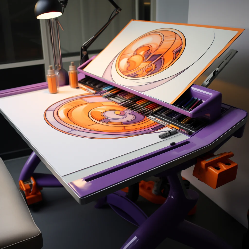 A drafting board desk with a logo on it and paint splashes in the background